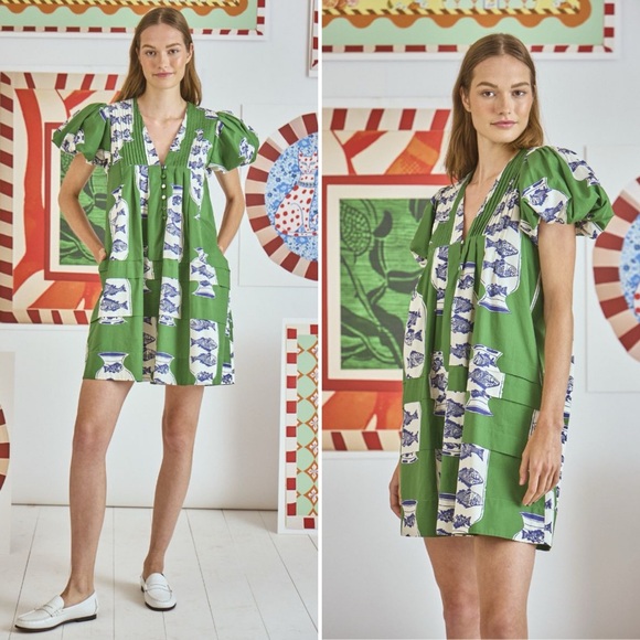 Hunter Bell Wilkes Dress Herring Green Puff Sleeve Cotton Size Medium NWT - Picture 3 of 17